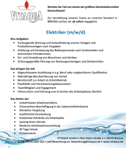 VITAQUA Stellenanzeige Elektriker